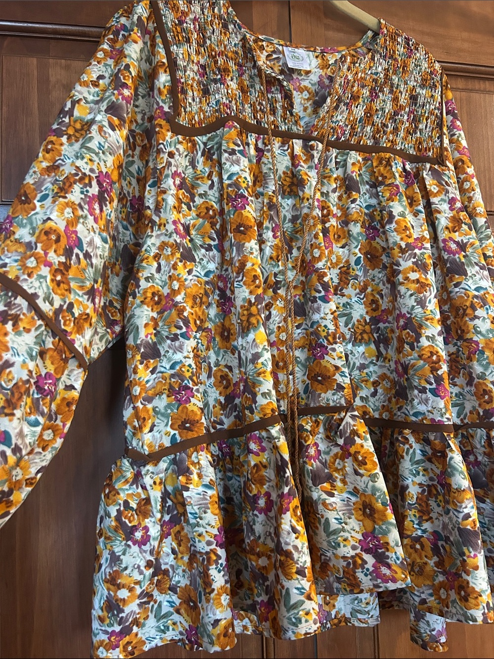 Floral Peasant Blouse with Smocked Neck Detail